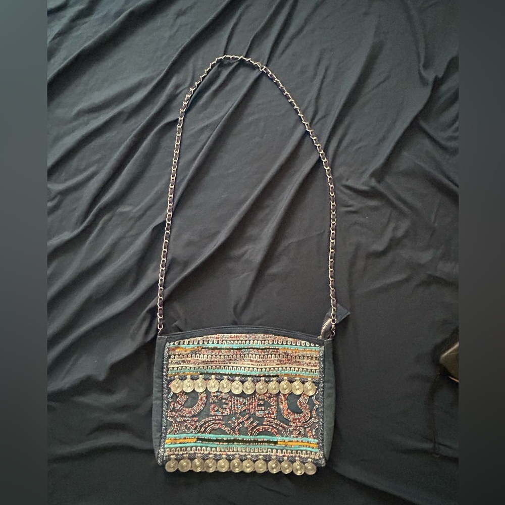 Zara Beaded Denim Crossbody Shoulder Bag Bohemian Metal Blue Hippie Boho - Picture 10 of 10